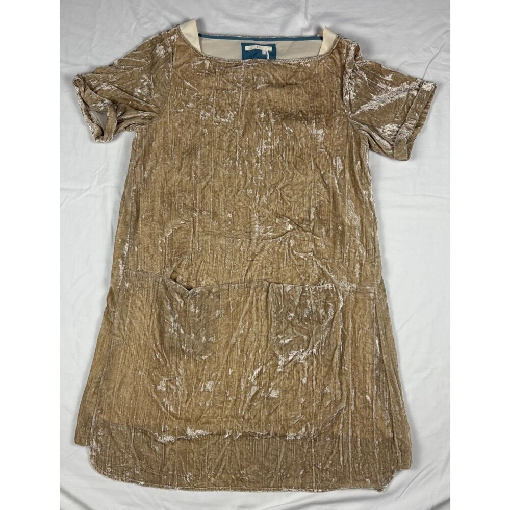 Anthropologie Floreat Crushed Velvet Shift Dress Champagne Taupe Pockets Small S